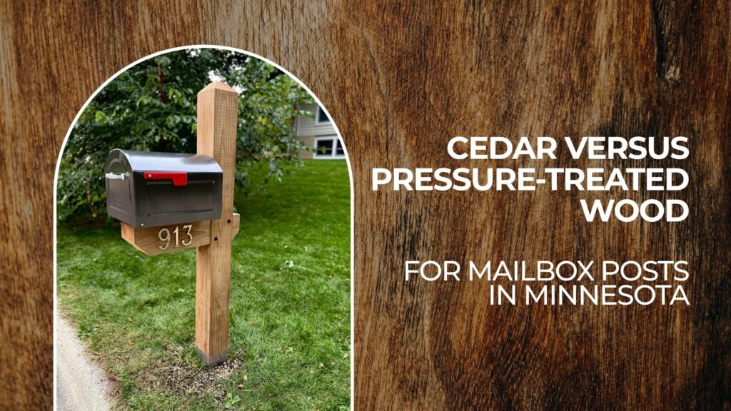 Black mailbox on wooden post with green grass in background, illustrating blog post about the best wood for mailbox posts in Minnesota.